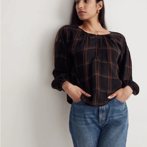 NWT! Madewell Black Shirred Peasant Top in Windowpane M - Picture 1 of 5
